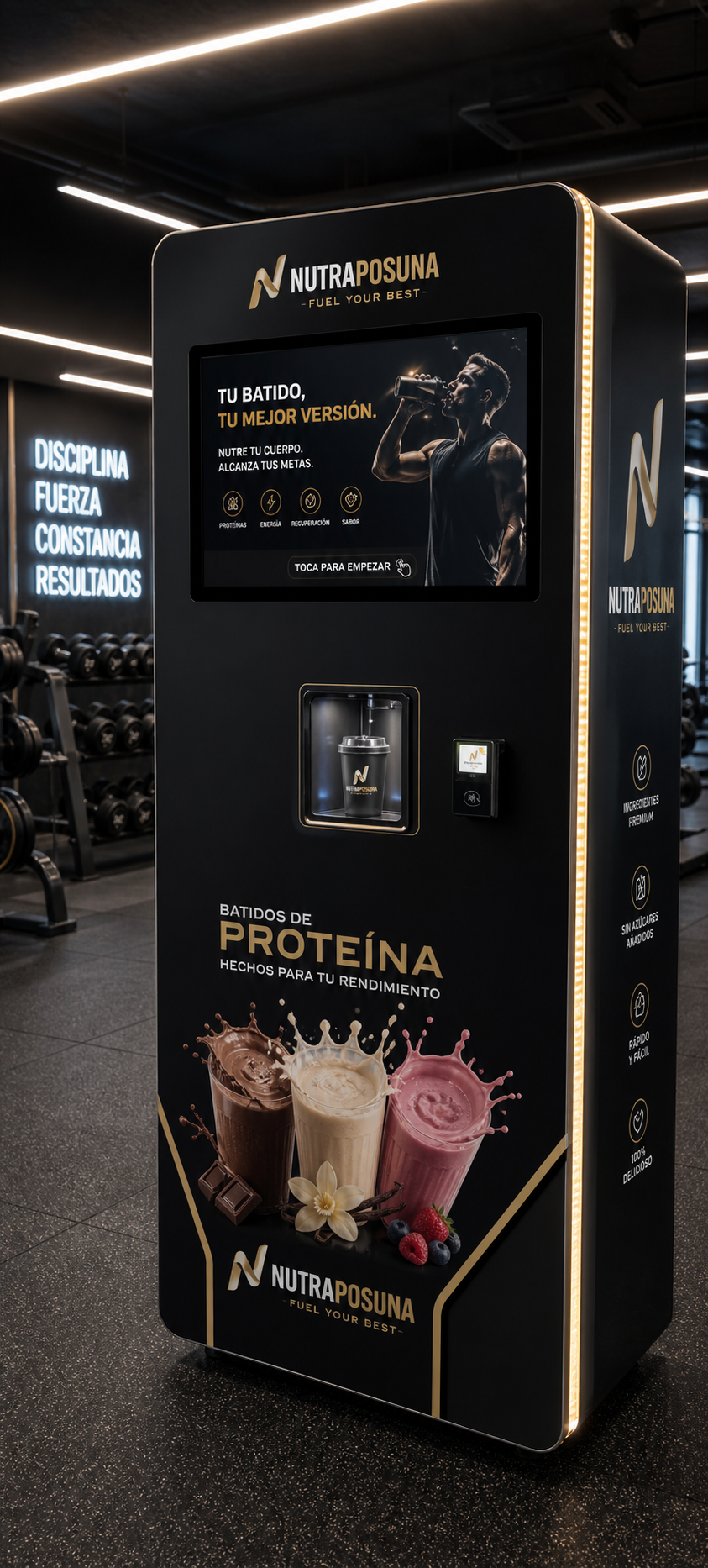 Máquina de batidos de proteína Nutragym en un gimnasio